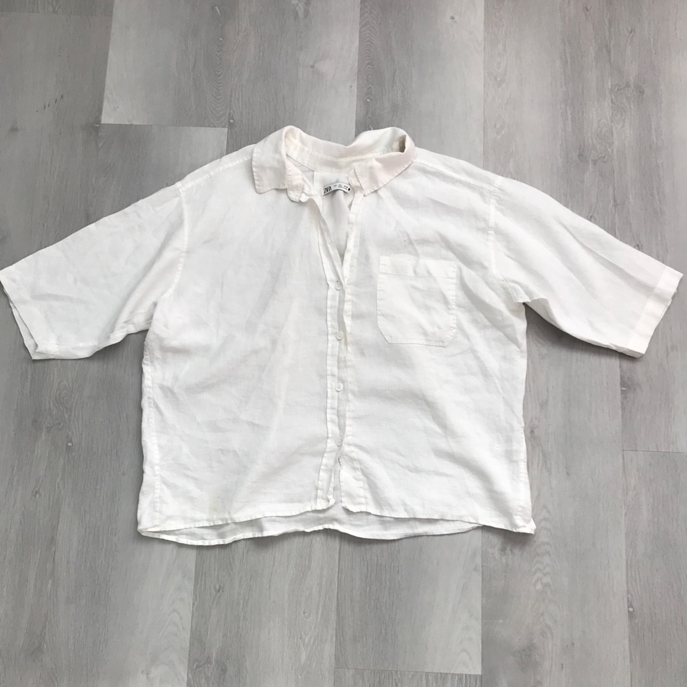ZARA WOMENS SHIRT 100% LINEN WHITE SHORT SLEEVES LARGE
